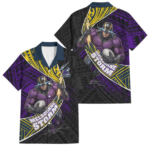 Melbourne Storm Rugby Family Matching Off Shoulder Short Dress and Hawaiian Shirt Tribal Polynesian Power Art - Lightning Mascot