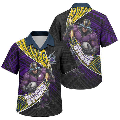 Melbourne Storm Rugby Family Matching Off Shoulder Short Dress and Hawaiian Shirt Tribal Polynesian Power Art - Lightning Mascot