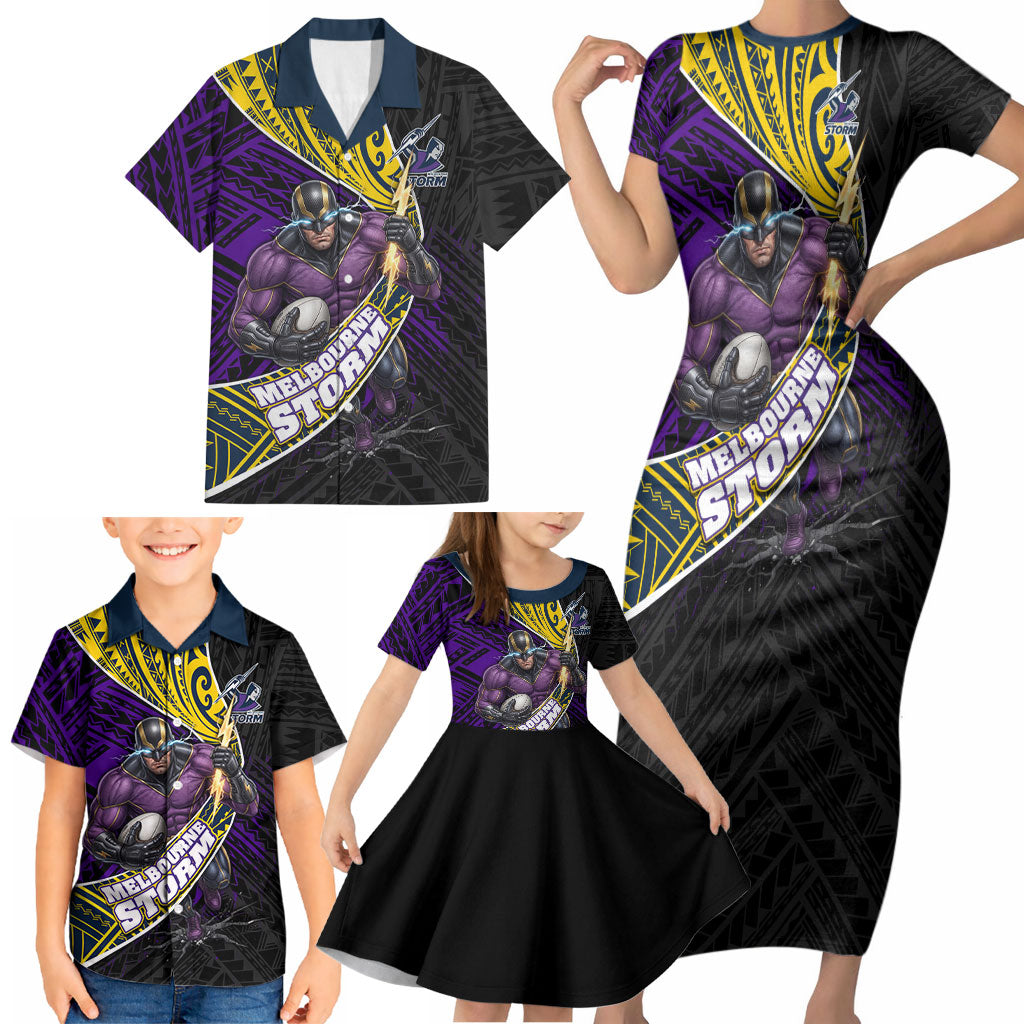 Melbourne Storm Rugby Family Matching Short Sleeve Bodycon Dress and Hawaiian Shirt Tribal Polynesian Power Art - Lightning Mascot