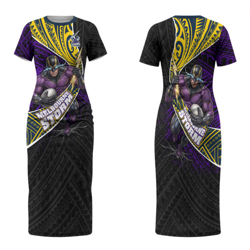 Melbourne Storm Rugby Family Matching Short Sleeve Bodycon Dress and Hawaiian Shirt Tribal Polynesian Power Art - Lightning Mascot