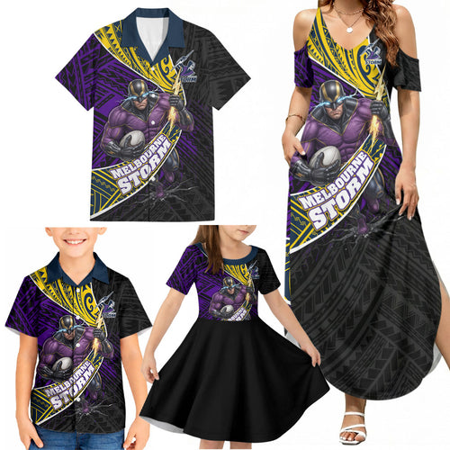 Melbourne Storm Rugby Family Matching Summer Maxi Dress and Hawaiian Shirt Tribal Polynesian Power Art - Lightning Mascot