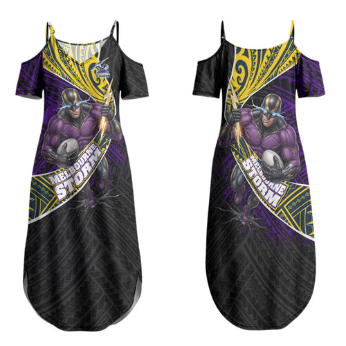 Melbourne Storm Rugby Family Matching Summer Maxi Dress and Hawaiian Shirt Tribal Polynesian Power Art - Lightning Mascot