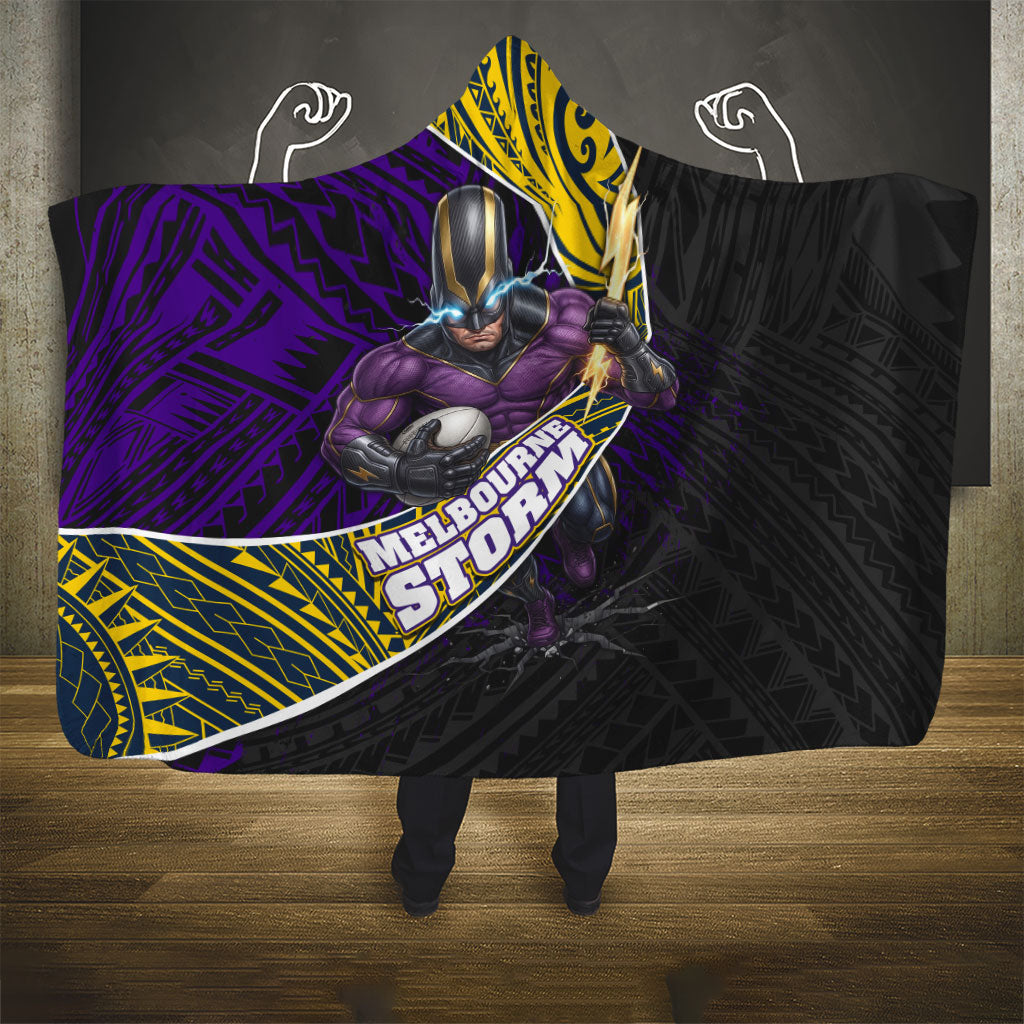 Melbourne Storm Rugby Hooded Blanket Tribal Polynesian Power Art - Lightning Mascot