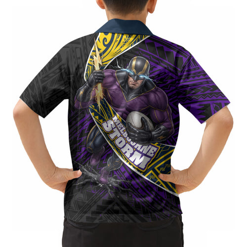 Melbourne Storm Rugby Kid Hawaiian Shirt Tribal Polynesian Power Art - Lightning Mascot