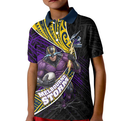 Melbourne Storm Rugby Kid Polo Shirt Tribal Polynesian Power Art - Lightning Mascot