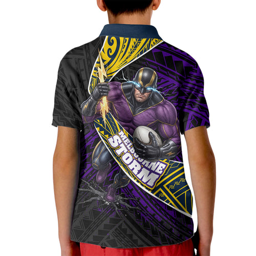Melbourne Storm Rugby Kid Polo Shirt Tribal Polynesian Power Art - Lightning Mascot