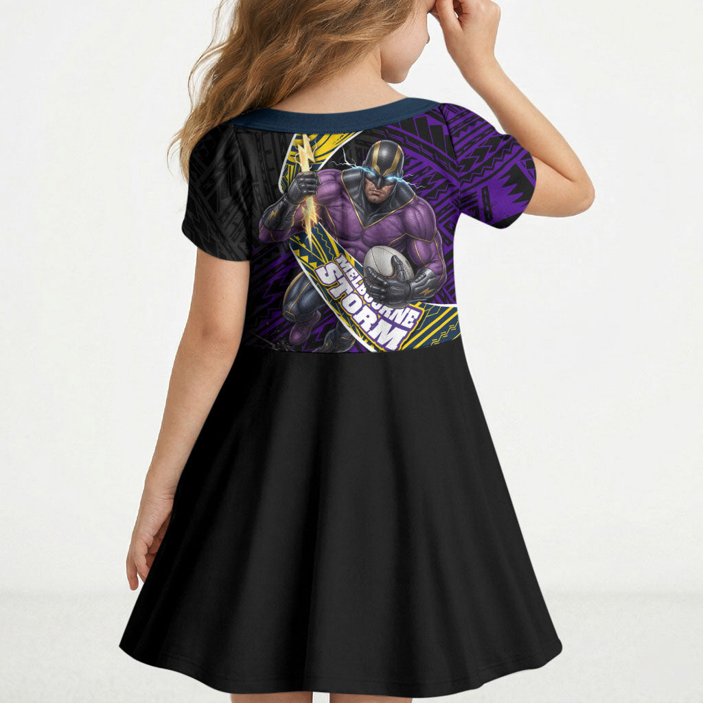 Melbourne Storm Rugby Kid Short Sleeve Dress Tribal Polynesian Power Art - Lightning Mascot