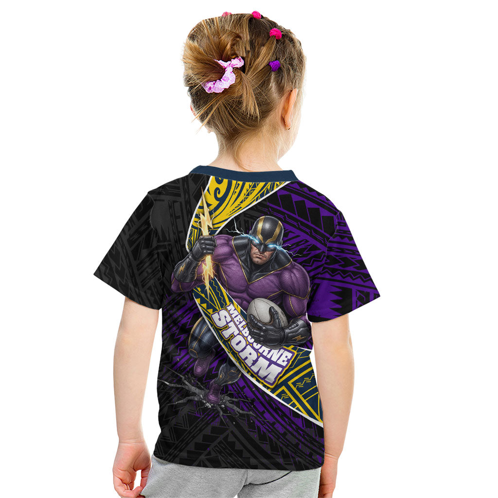 Melbourne Storm Rugby Kid T Shirt Tribal Polynesian Power Art - Lightning Mascot