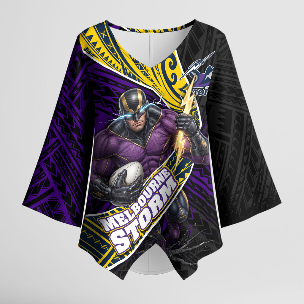 Melbourne Storm Rugby Kimono Sleeve Blouse Tribal Polynesian Power Art - Lightning Mascot