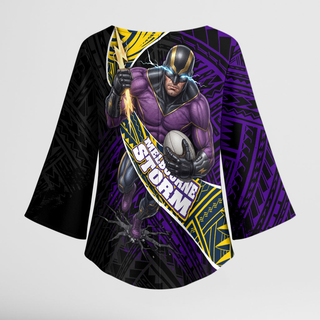 Melbourne Storm Rugby Kimono Sleeve Blouse Tribal Polynesian Power Art - Lightning Mascot
