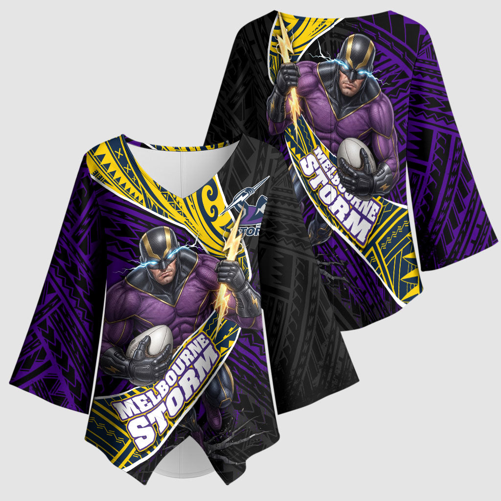 Melbourne Storm Rugby Kimono Sleeve Blouse Tribal Polynesian Power Art - Lightning Mascot