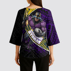 Melbourne Storm Rugby Kimono Sleeve Blouse Tribal Polynesian Power Art - Lightning Mascot