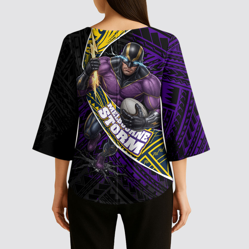 Melbourne Storm Rugby Kimono Sleeve Blouse Tribal Polynesian Power Art - Lightning Mascot