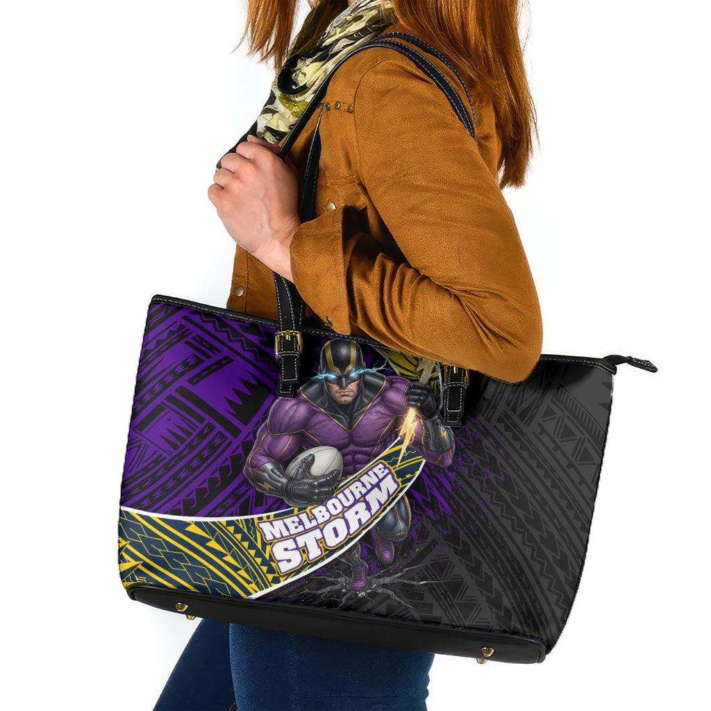 Melbourne Storm Rugby Leather Tote Bag Tribal Polynesian Power Art - Lightning Mascot