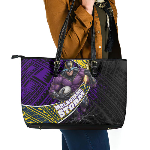 Melbourne Storm Rugby Leather Tote Bag Tribal Polynesian Power Art - Lightning Mascot