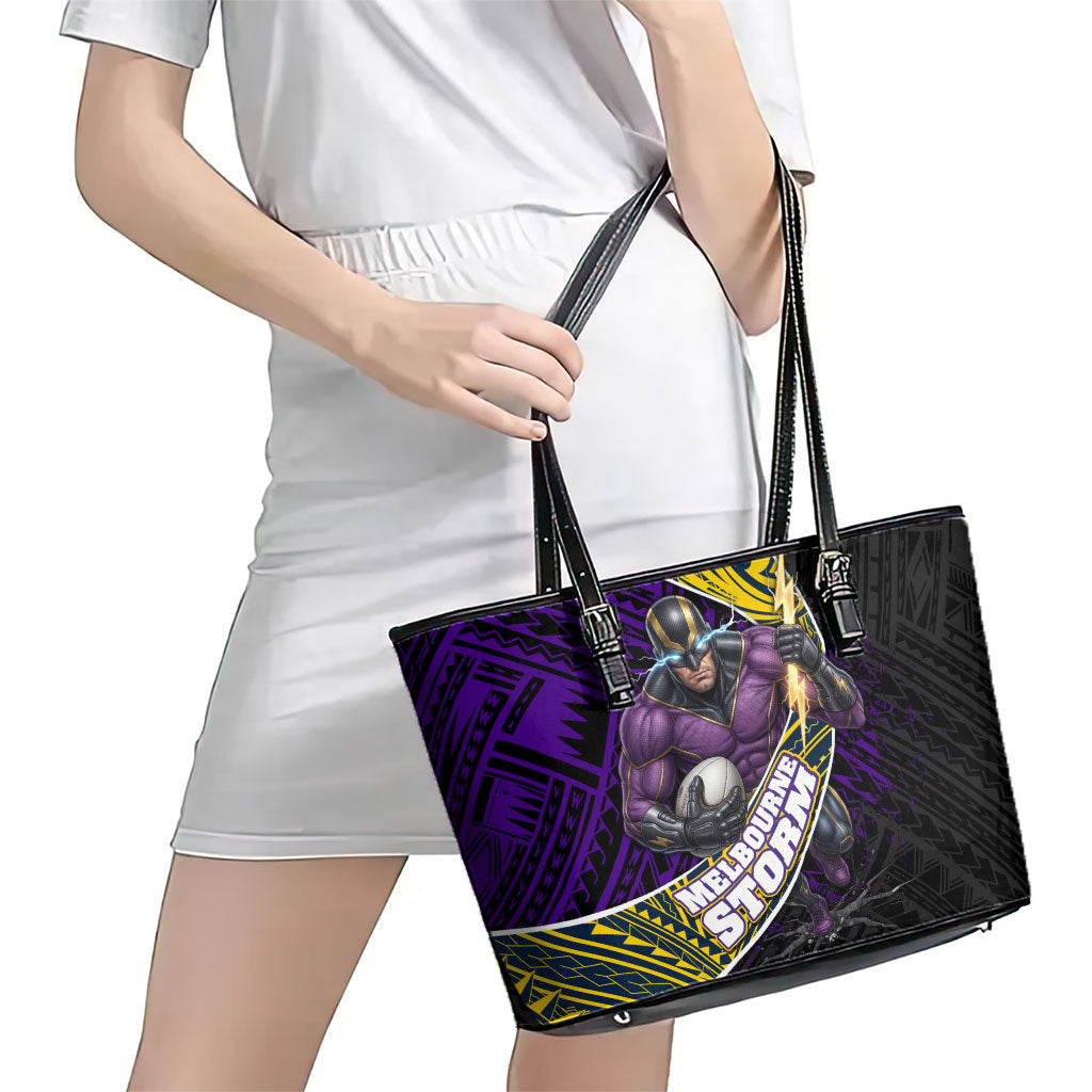 Melbourne Storm Rugby Leather Tote Bag Tribal Polynesian Power Art - Lightning Mascot