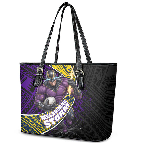 Melbourne Storm Rugby Leather Tote Bag Tribal Polynesian Power Art - Lightning Mascot