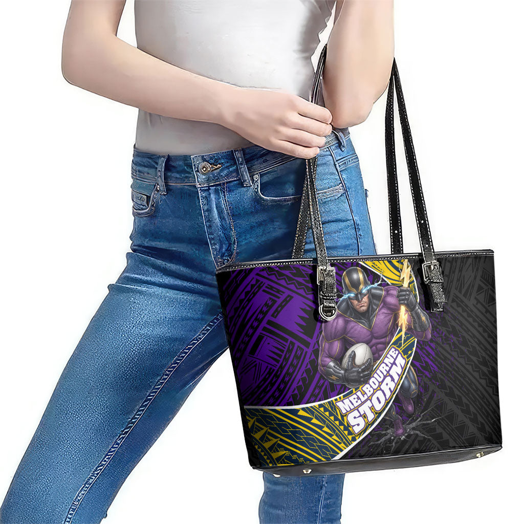 Melbourne Storm Rugby Leather Tote Bag Tribal Polynesian Power Art - Lightning Mascot