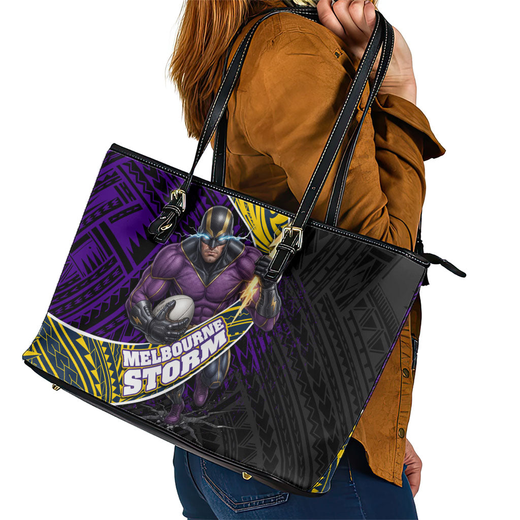 Melbourne Storm Rugby Leather Tote Bag Tribal Polynesian Power Art - Lightning Mascot