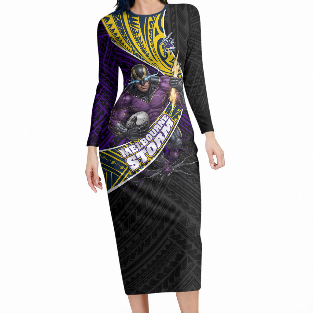 Melbourne Storm Rugby Long Sleeve Bodycon Dress Tribal Polynesian Power Art - Lightning Mascot