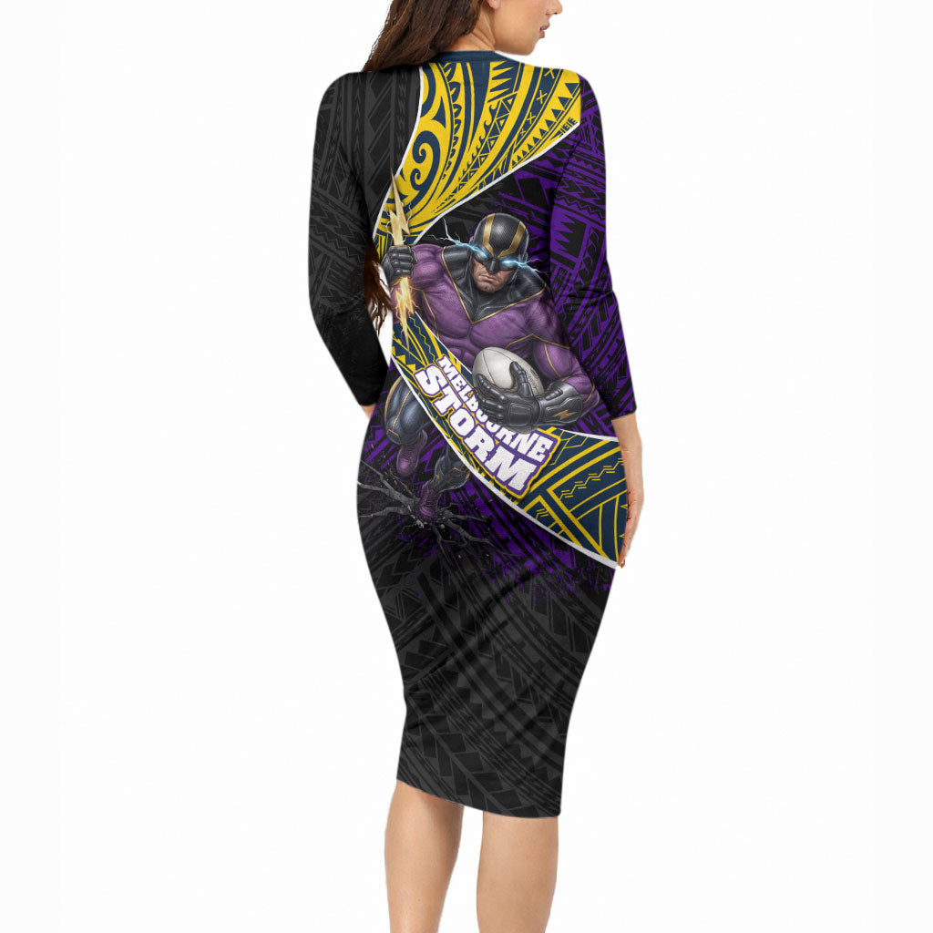 Melbourne Storm Rugby Long Sleeve Bodycon Dress Tribal Polynesian Power Art - Lightning Mascot