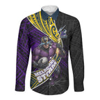 Melbourne Storm Rugby Long Sleeve Button Shirt Tribal Polynesian Power Art - Lightning Mascot