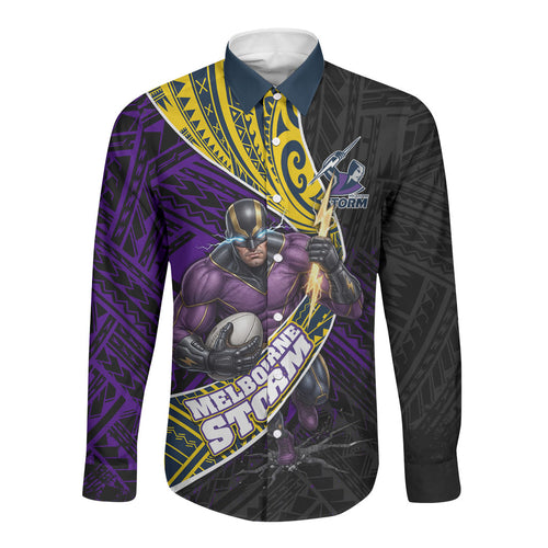 Melbourne Storm Rugby Long Sleeve Button Shirt Tribal Polynesian Power Art - Lightning Mascot