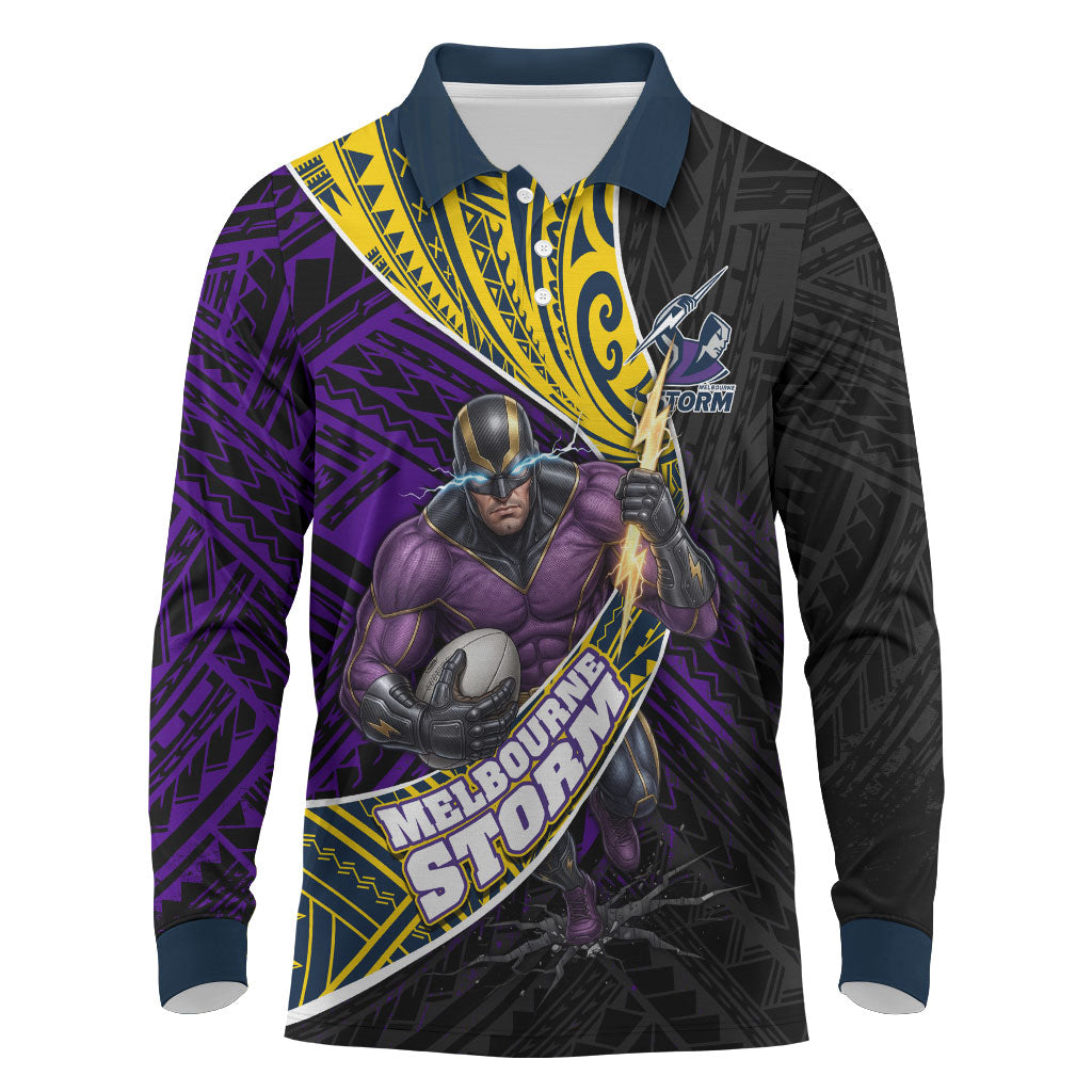 Melbourne Storm Rugby Long Sleeve Polo Shirt Tribal Polynesian Power Art - Lightning Mascot