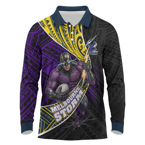 Melbourne Storm Rugby Long Sleeve Polo Shirt Tribal Polynesian Power Art - Lightning Mascot