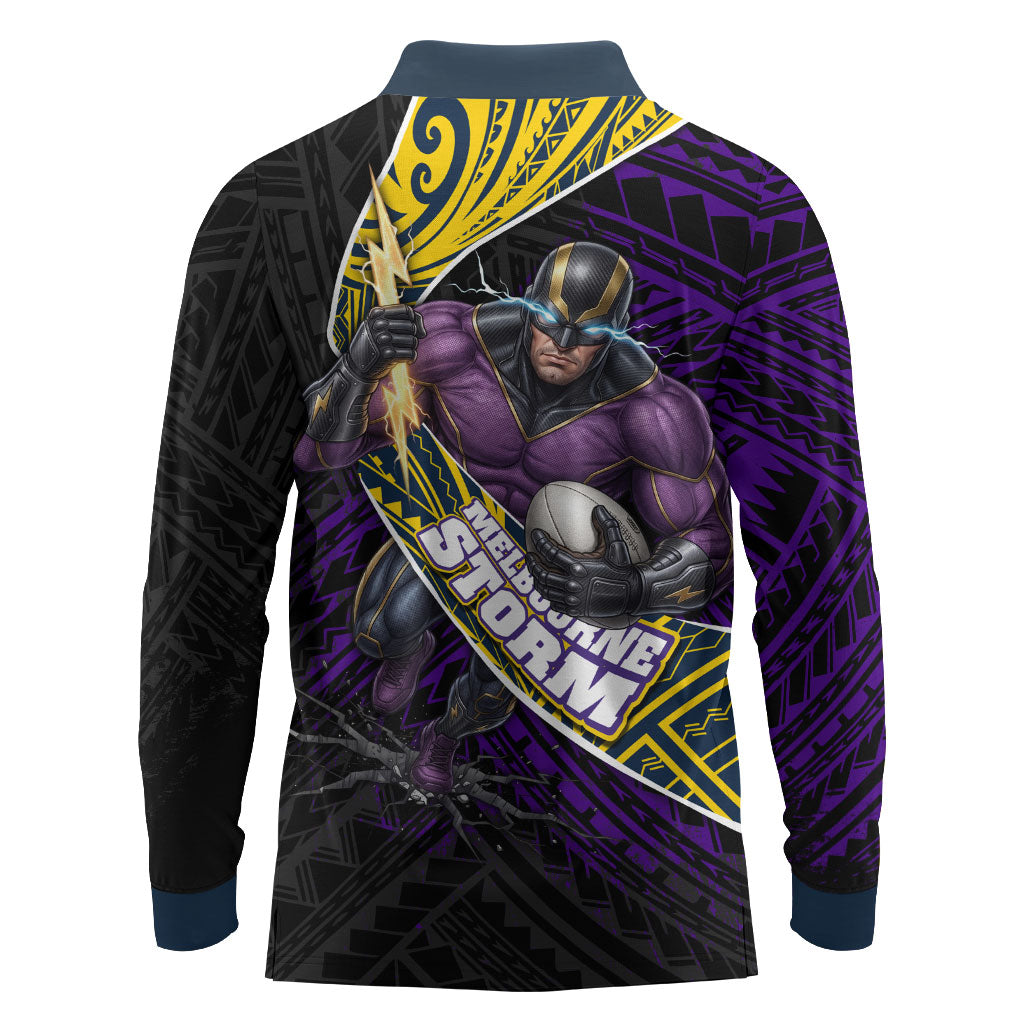 Melbourne Storm Rugby Long Sleeve Polo Shirt Tribal Polynesian Power Art - Lightning Mascot