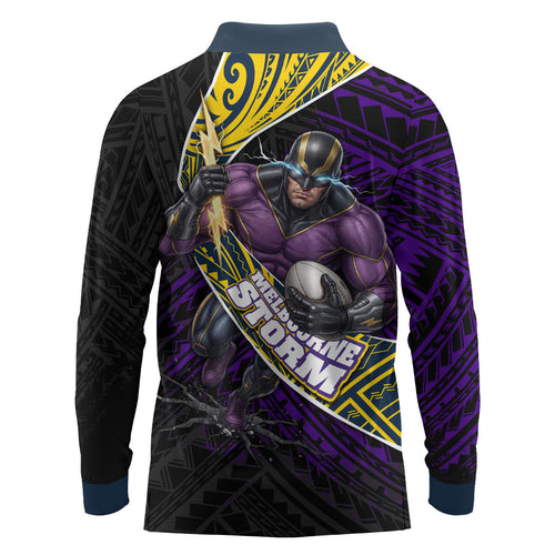 Melbourne Storm Rugby Long Sleeve Polo Shirt Tribal Polynesian Power Art - Lightning Mascot