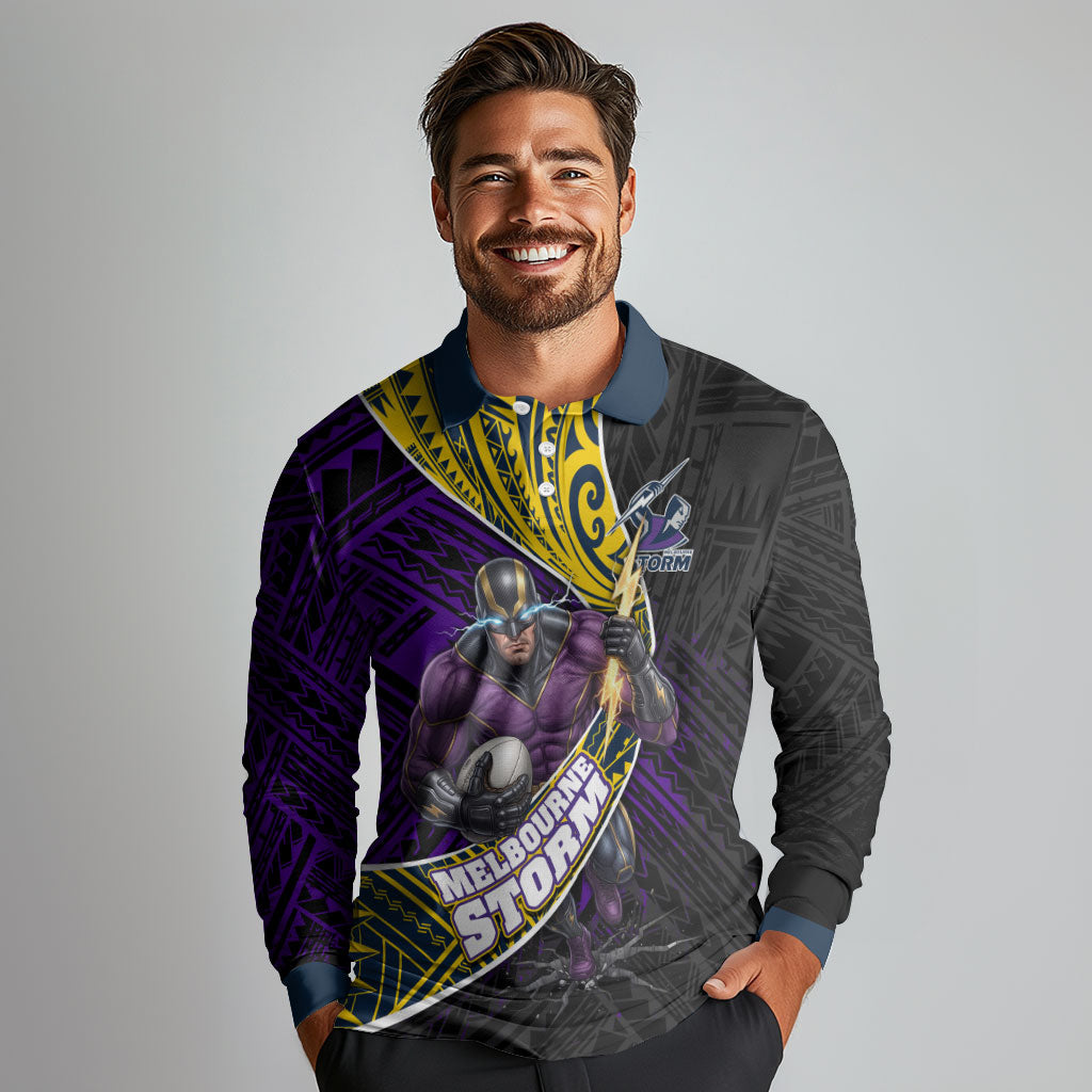 Melbourne Storm Rugby Long Sleeve Polo Shirt Tribal Polynesian Power Art - Lightning Mascot