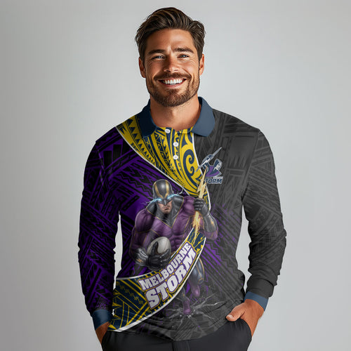 Melbourne Storm Rugby Long Sleeve Polo Shirt Tribal Polynesian Power Art - Lightning Mascot