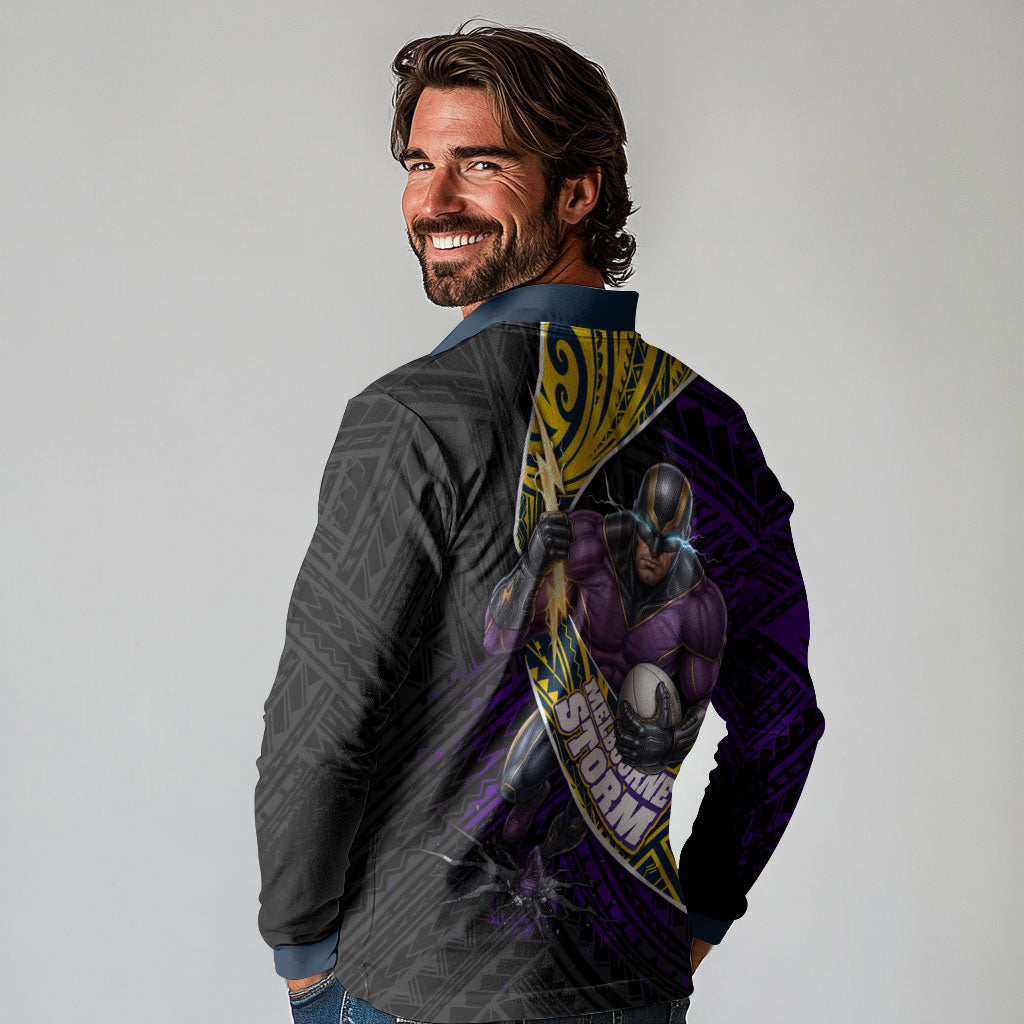 Melbourne Storm Rugby Long Sleeve Polo Shirt Tribal Polynesian Power Art - Lightning Mascot