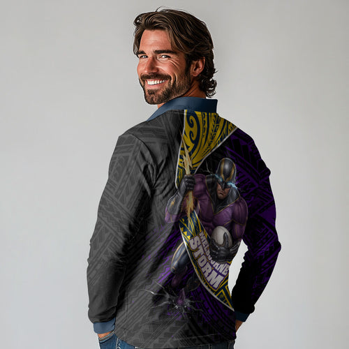 Melbourne Storm Rugby Long Sleeve Polo Shirt Tribal Polynesian Power Art - Lightning Mascot