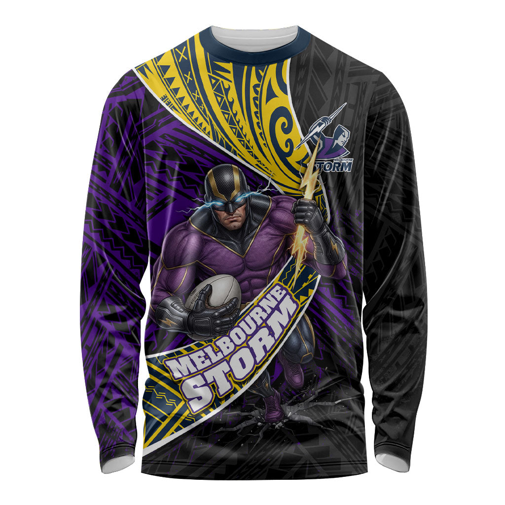 Melbourne Storm Rugby Long Sleeve Shirt Tribal Polynesian Power Art - Lightning Mascot