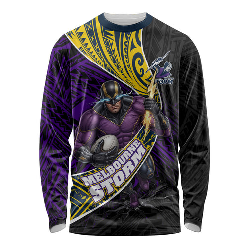 Melbourne Storm Rugby Long Sleeve Shirt Tribal Polynesian Power Art - Lightning Mascot