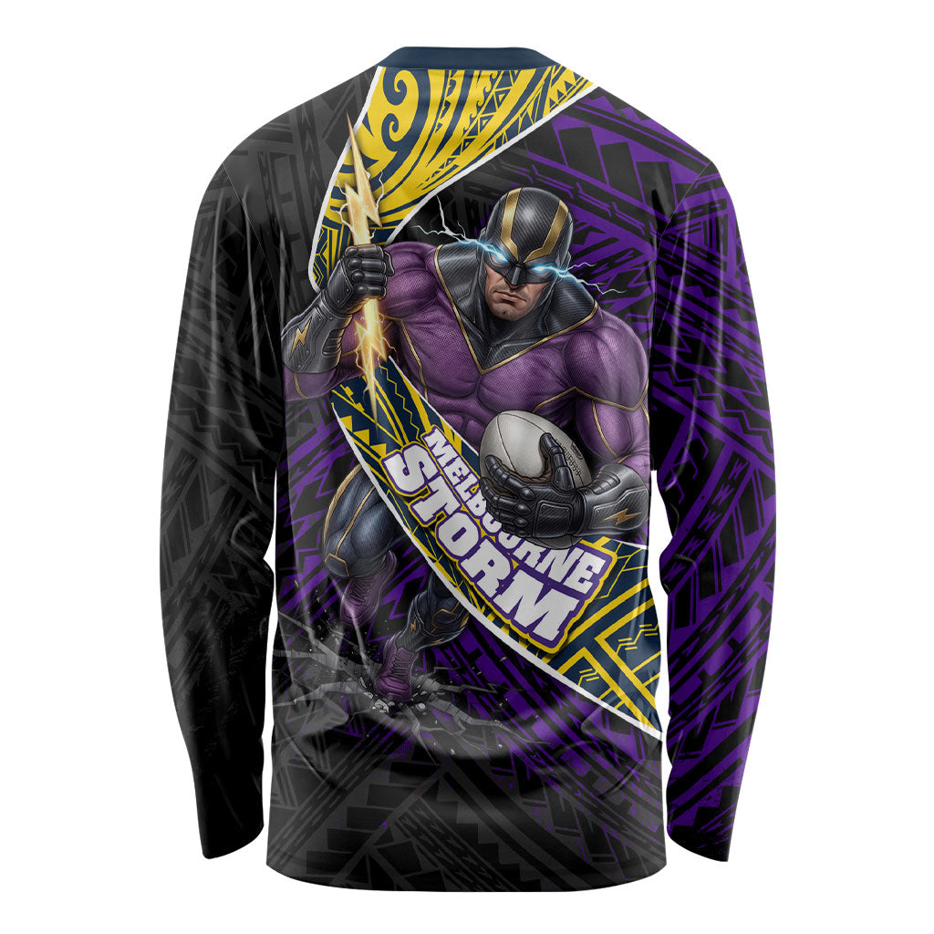Melbourne Storm Rugby Long Sleeve Shirt Tribal Polynesian Power Art - Lightning Mascot