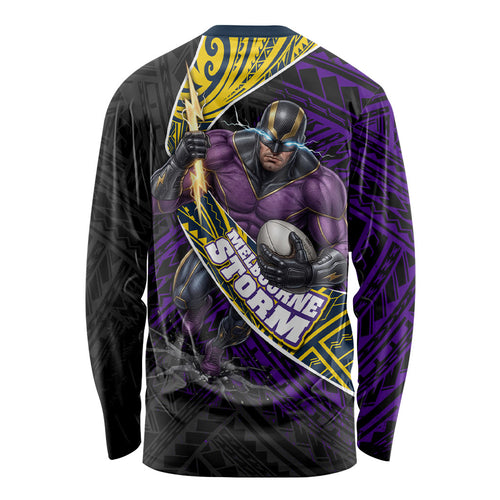 Melbourne Storm Rugby Long Sleeve Shirt Tribal Polynesian Power Art - Lightning Mascot