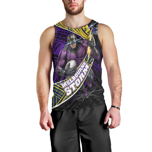 Melbourne Storm Rugby Men Tank Top Tribal Polynesian Power Art - Lightning Mascot