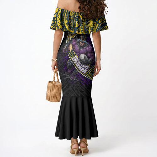 Melbourne Storm Rugby Mermaid Dress Tribal Polynesian Power Art - Lightning Mascot