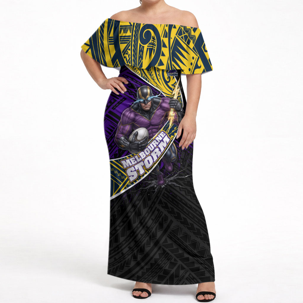 Melbourne Storm Rugby Off Shoulder Maxi Dress Tribal Polynesian Power Art - Lightning Mascot