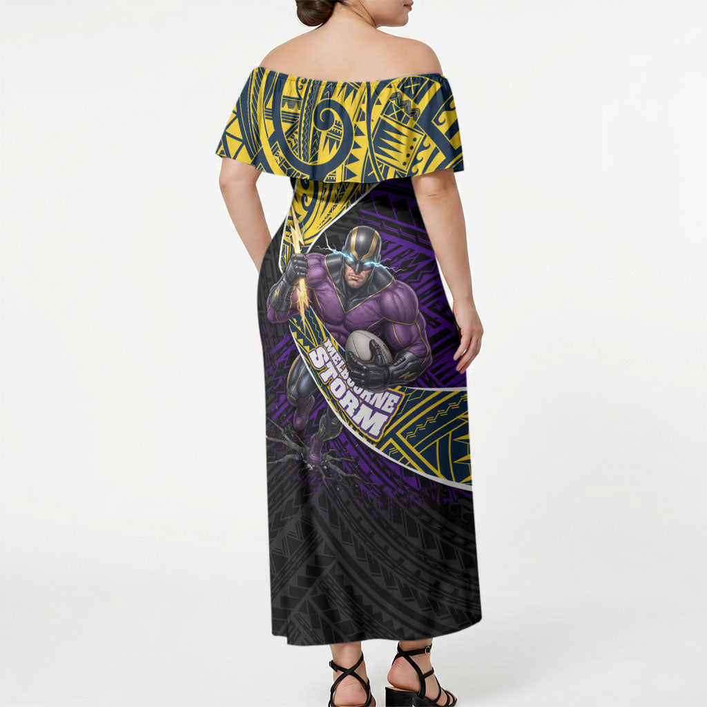 Melbourne Storm Rugby Off Shoulder Maxi Dress Tribal Polynesian Power Art - Lightning Mascot