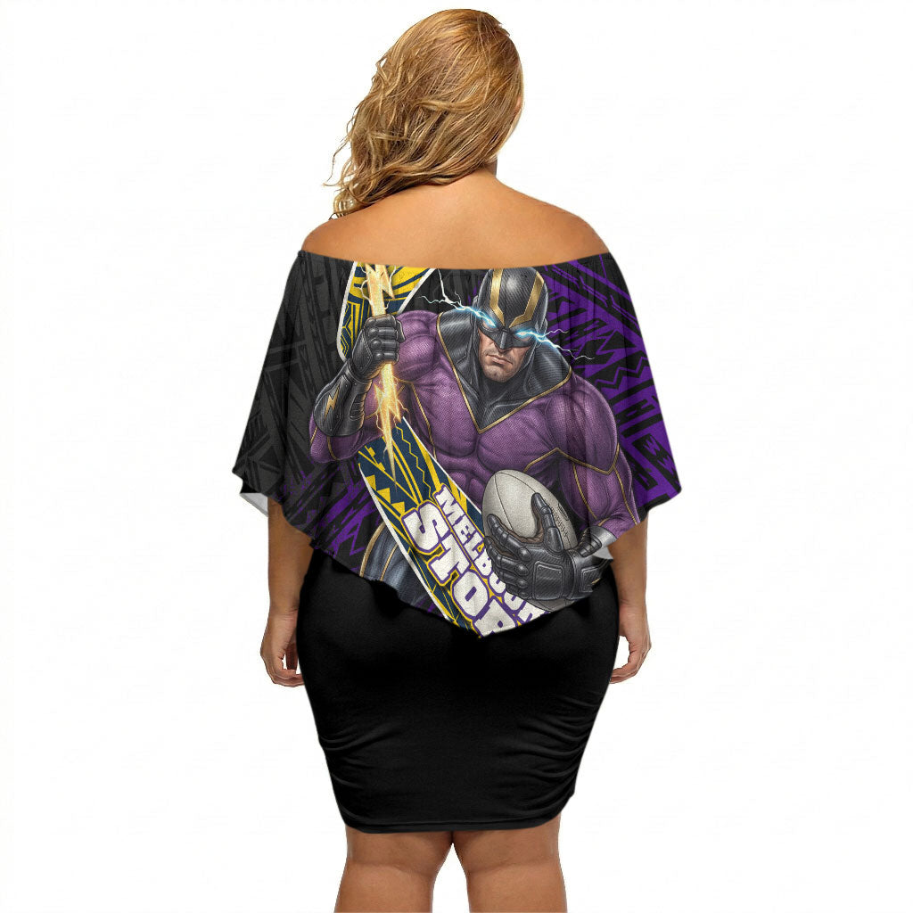 Melbourne Storm Rugby Off Shoulder Short Dress Tribal Polynesian Power Art - Lightning Mascot