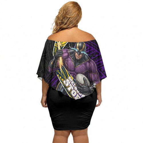 Melbourne Storm Rugby Off Shoulder Short Dress Tribal Polynesian Power Art - Lightning Mascot