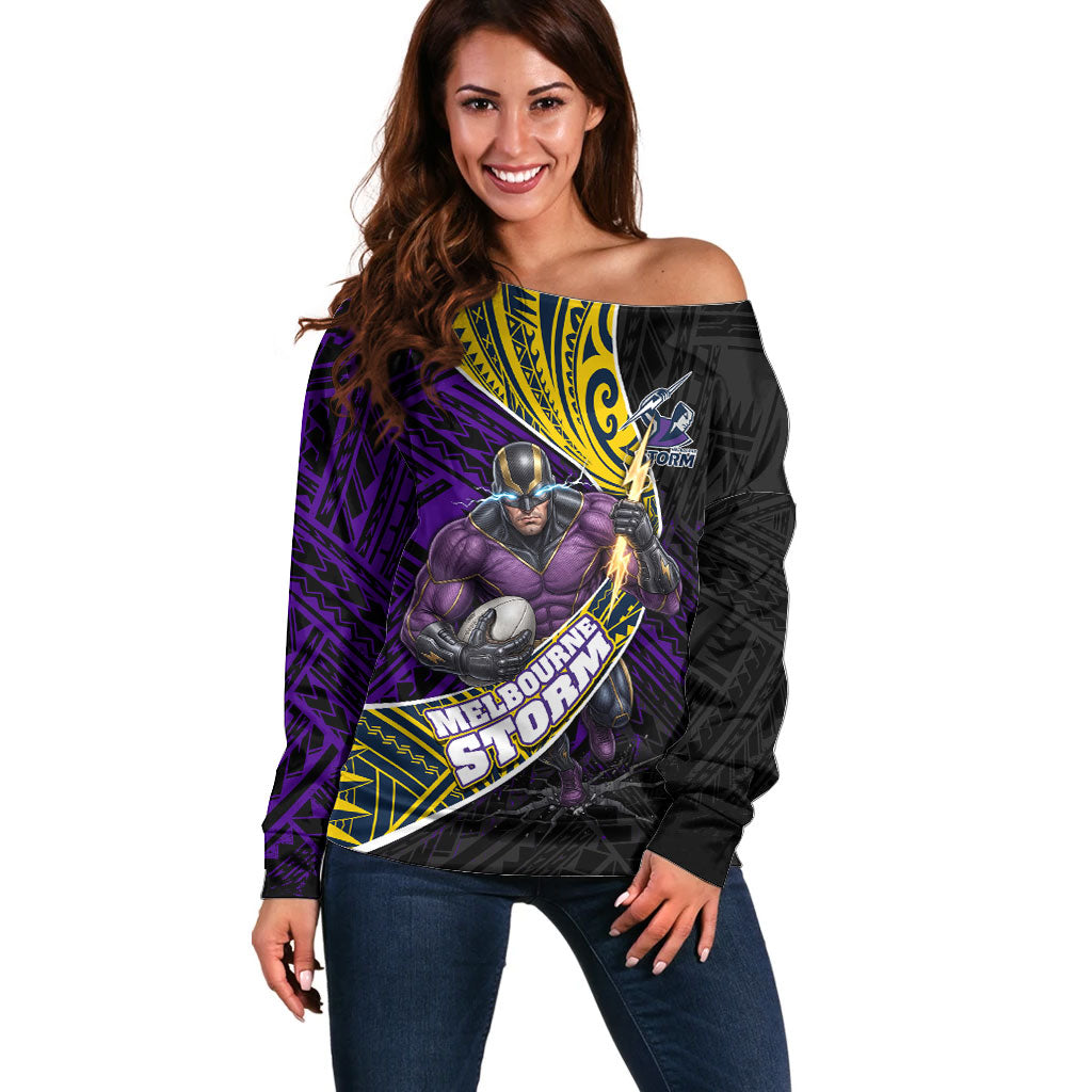 Melbourne Storm Rugby Off Shoulder Sweater Tribal Polynesian Power Art - Lightning Mascot