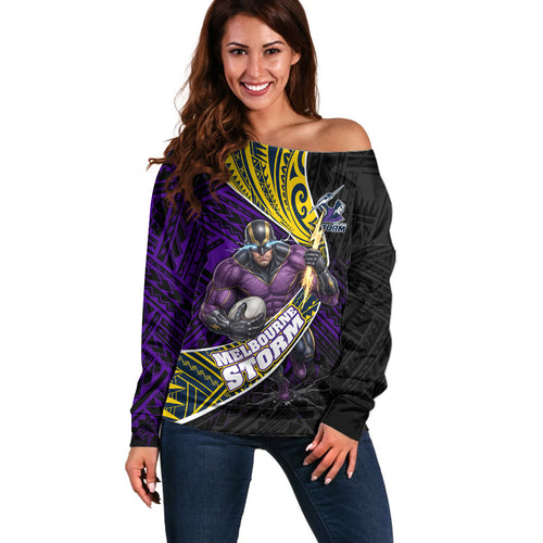 Melbourne Storm Rugby Off Shoulder Sweater Tribal Polynesian Power Art - Lightning Mascot