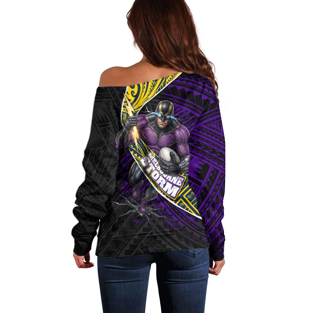 Melbourne Storm Rugby Off Shoulder Sweater Tribal Polynesian Power Art - Lightning Mascot