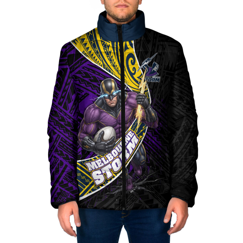 Melbourne Storm Rugby Padded Jacket Tribal Polynesian Power Art - Lightning Mascot