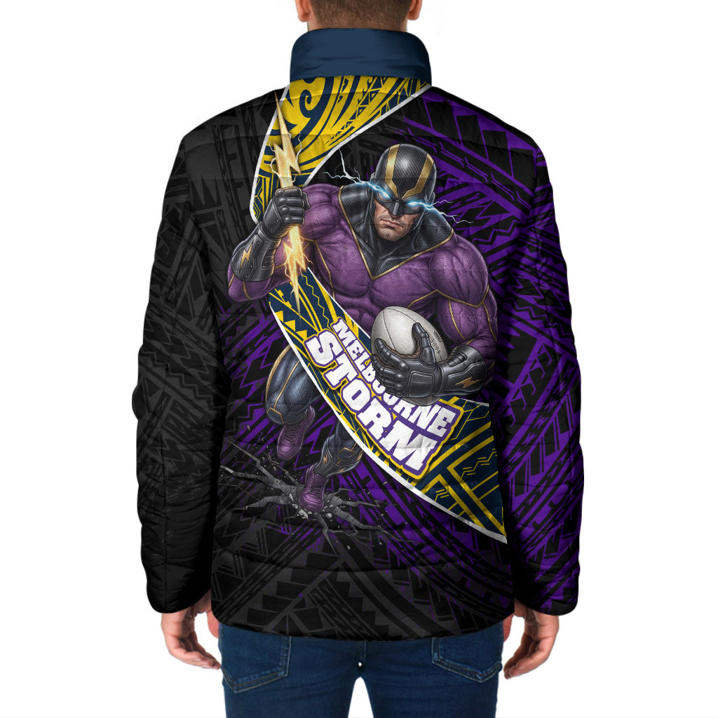Melbourne Storm Rugby Padded Jacket Tribal Polynesian Power Art - Lightning Mascot